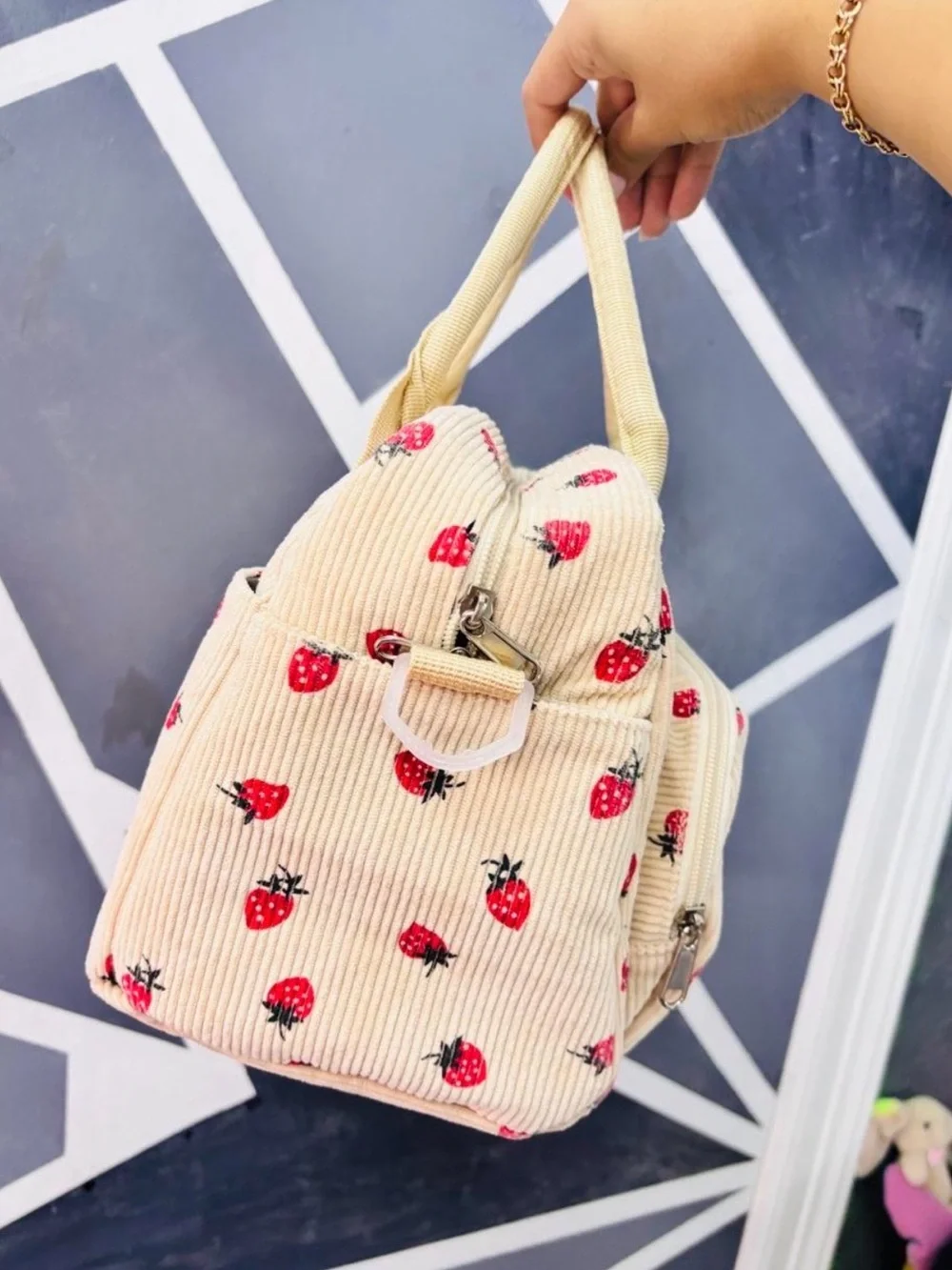 Primark Beige Corduroy Handbag with Red Strawberry Motif